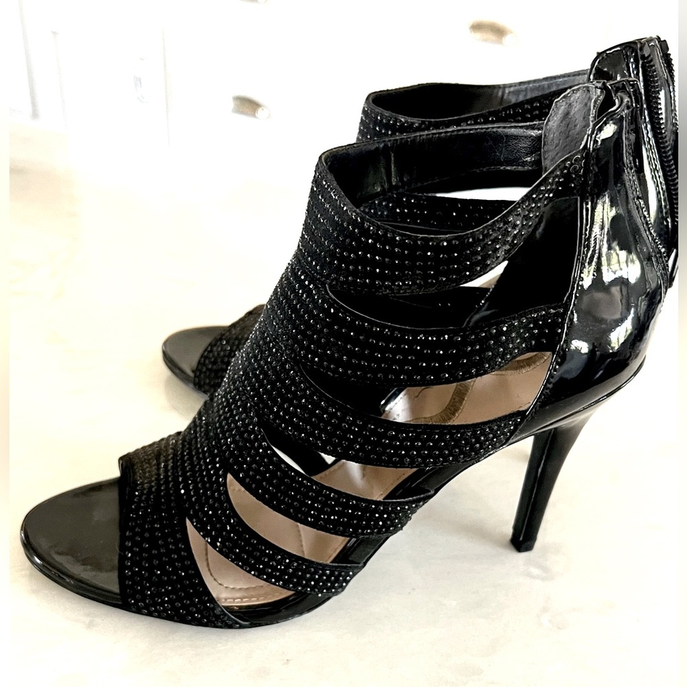 Nina Black Patent Leather Strappy Heels: Size 7